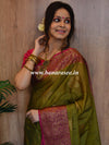 Banarasee Handloom Linen Silk Mix Antique Zari Buta Saree-Green