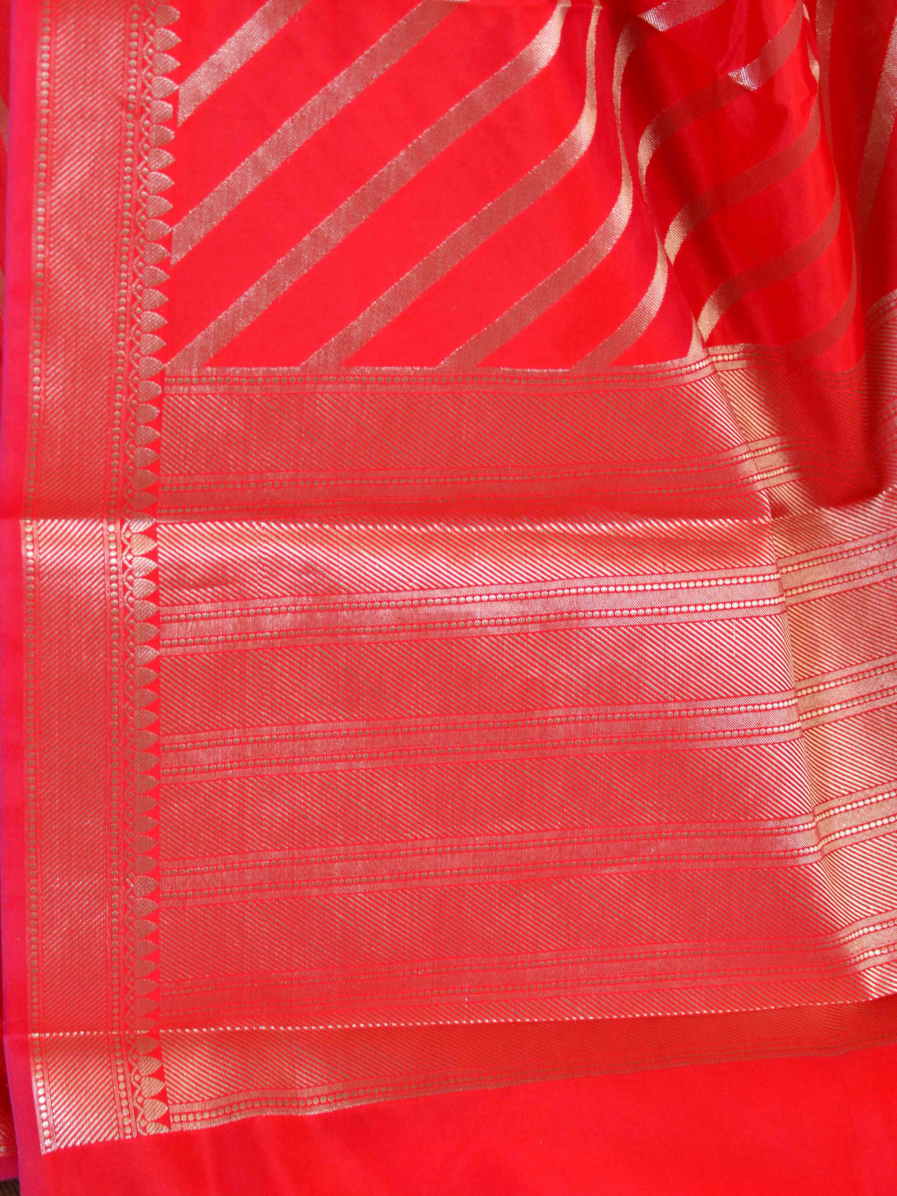 Banarasee Handwoven Semi Silk Saree With Stripes Design-Red