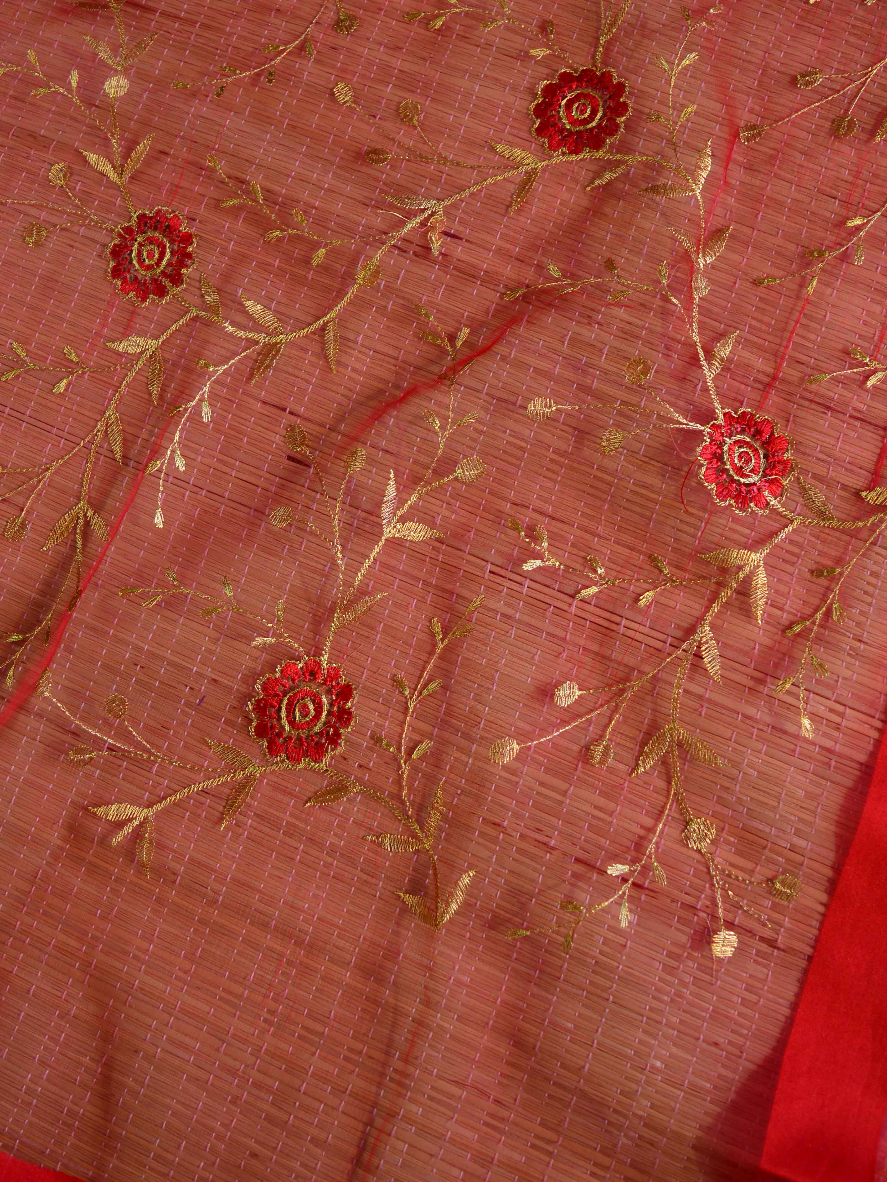 Banarasee Brocade Salwar Kameez Fabric With Organza Dupatta-Rama Green & Red