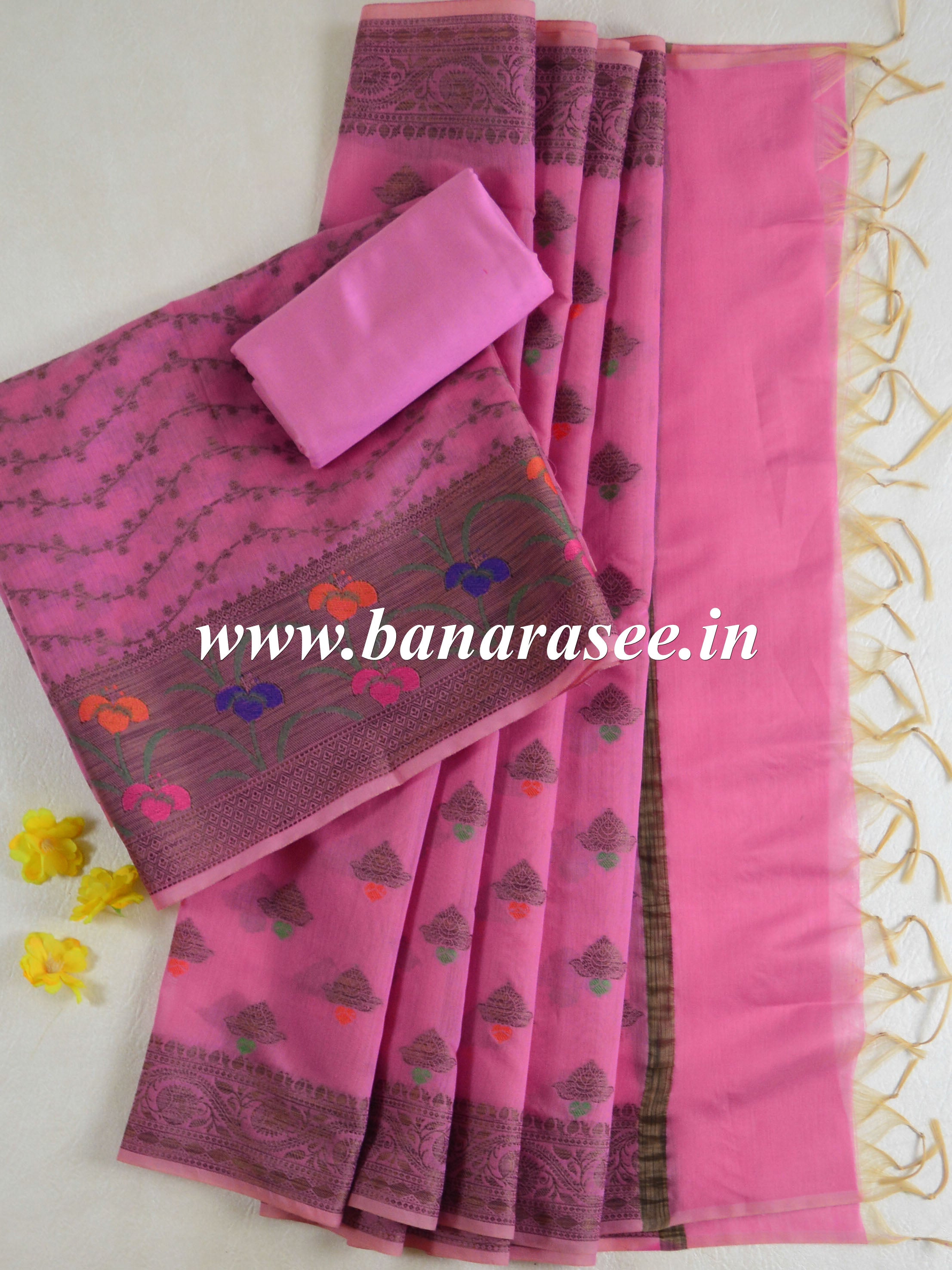 Banarasee Chanderi Cotton Salwar Kameez Fabric With Ghiccha Work-Pink