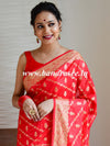 Banarasee Handwoven Semi-Chiffon Saree With Bel Design & Broad Floral Border-Red