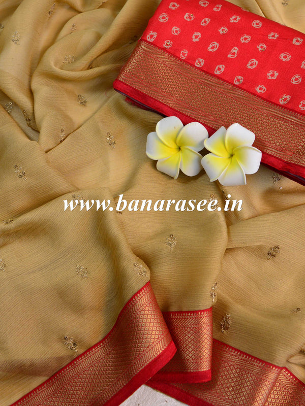 Banarasee Chiffon Blend Saree With Buti Work Zari Border & Brocade Blouse-Gold & Red