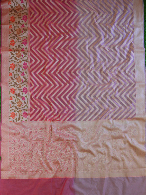 Banarasee Handwoven Semi-Chiffon Saree With Zig-Zag Design-Peach & Pink