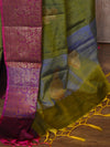 Banarasee Handloom Linen Silk Mix Antique Zari Buta Saree-Green
