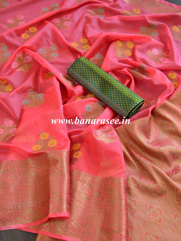 Banarasee Handwoven Semi Silk Saree With Zari Buta Design-Peach & Green