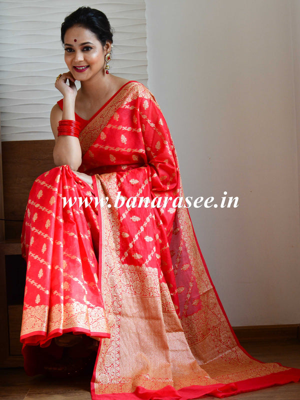 Banarasee Handwoven Semi-Chiffon Saree With Bel Design & Broad Floral Border-Red