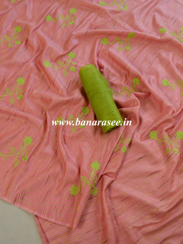 Bhagalpur Handloom Art Silk Embroidery Work Saree-Peach & Green