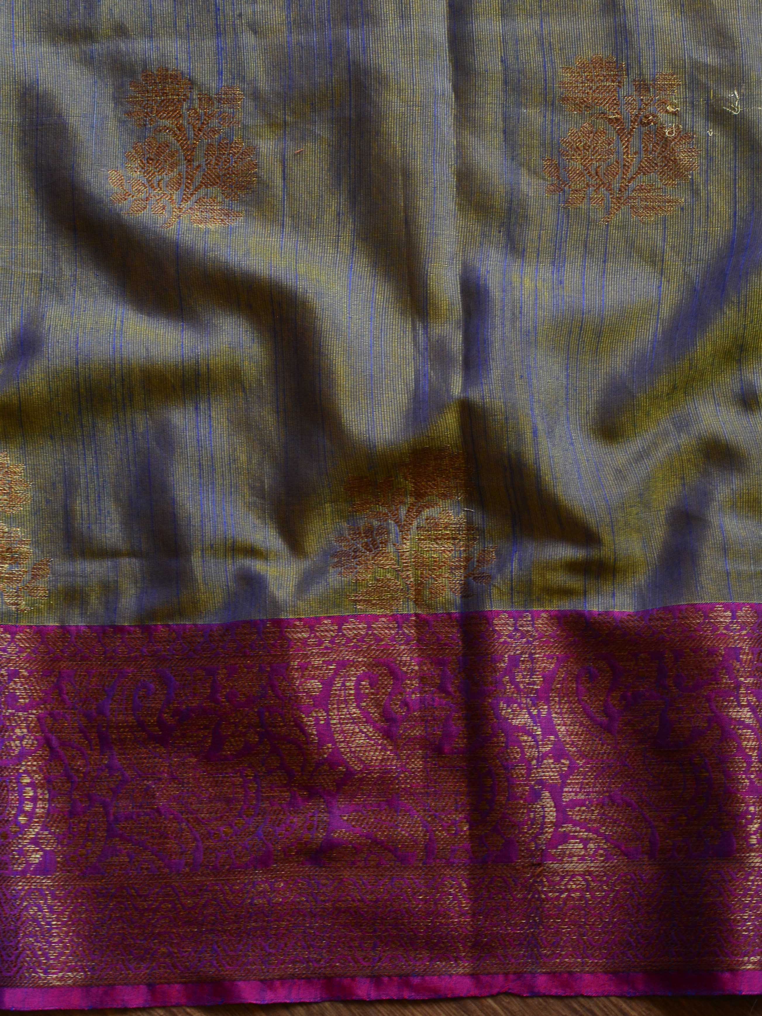 Banarasee Handloom Linen Silk Mix Antique Zari Buta Saree-Green