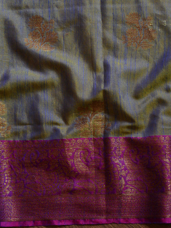 Banarasee Handloom Linen Silk Mix Antique Zari Buta Saree-Green