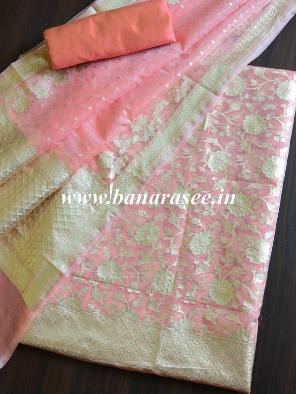 Banarasee Organza Silver Zari Salwar Kameez Fabric With Dupatta-Peach