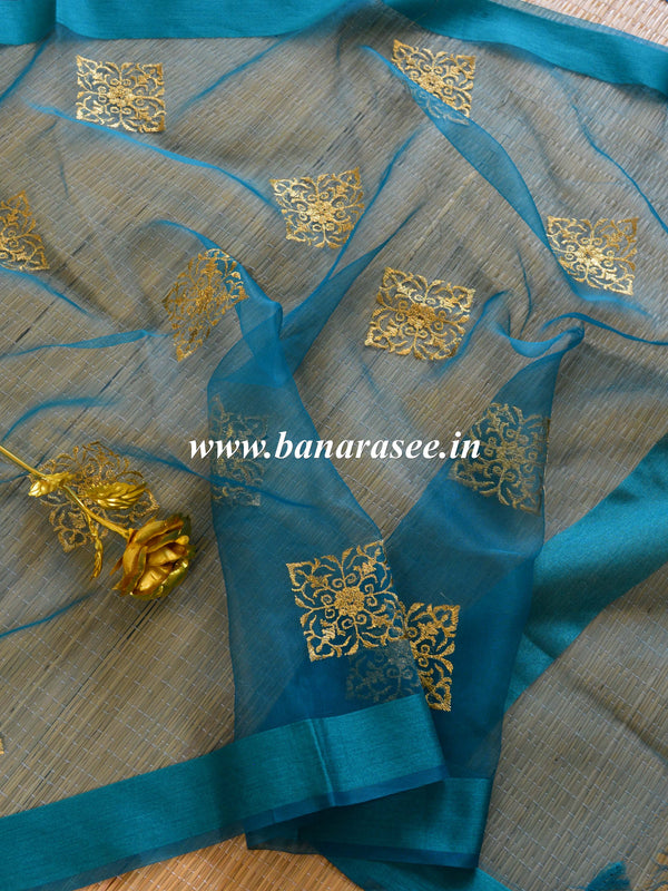 Banarasee Embroidered Gold Buta Design Organza Dupatta-Green