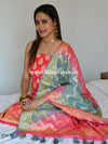 Banarasee Salwar Kameez Glossy Semi Silk Fabric With Zari Jaal Design-Orange & Grey