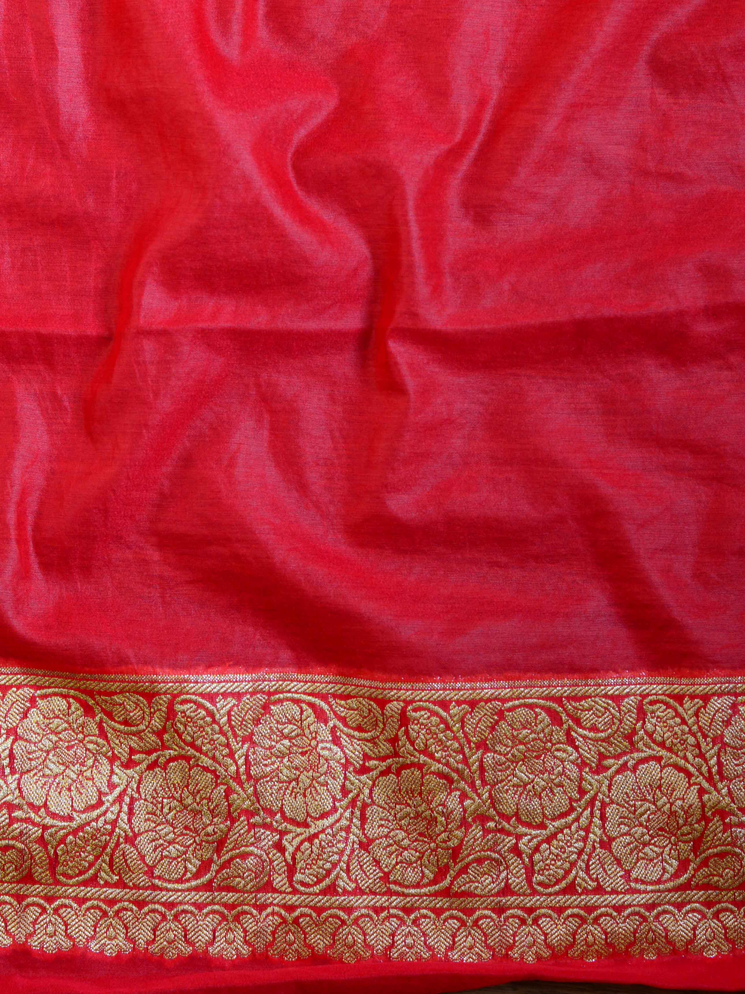 Banarasee Handwoven Semi-Chiffon Saree With Bel Design & Broad Floral Border-Red