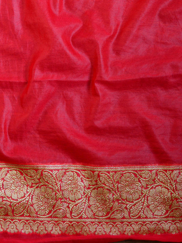 Banarasee Handwoven Semi-Chiffon Saree With Bel Design & Broad Floral Border-Red