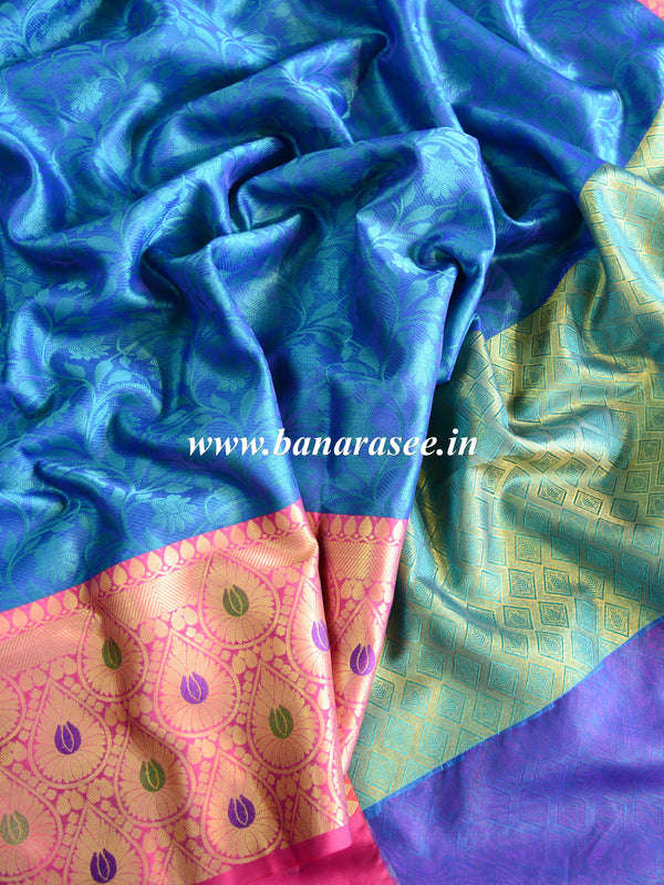 Banarasee Kora Muslin Saree With Self-Weaving Jaal Design & Skirt Border-Blue