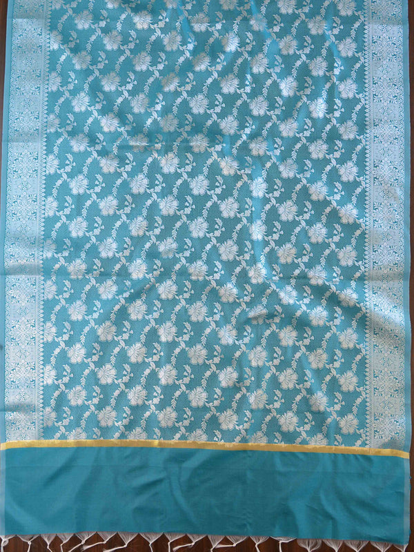 Banarasee Chanderi Salwar Kameez Fabric & Dupatta With Silver Zari-Peach & Green