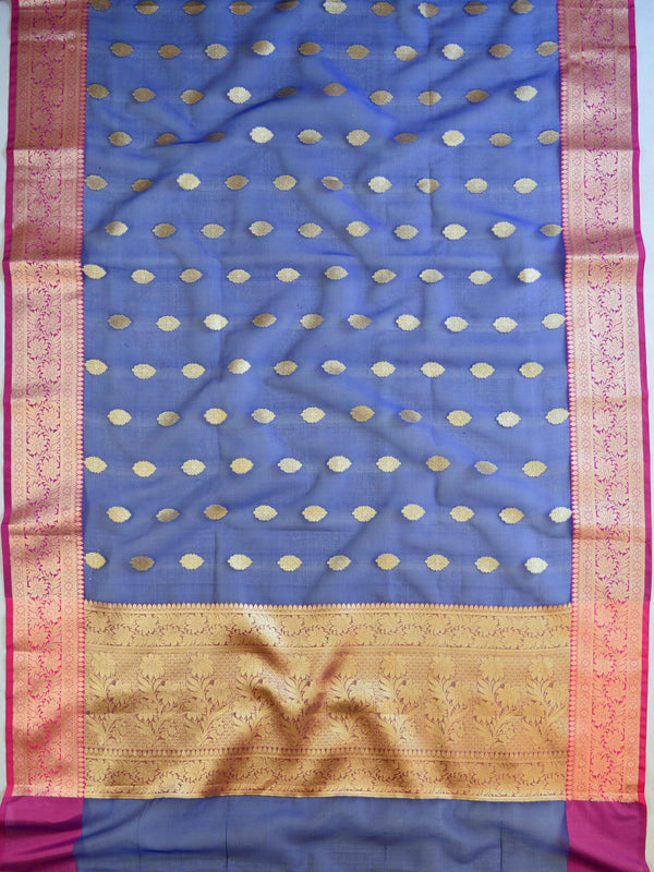 Banarasee Cotton Silk Mix Saree With Zari Buta & Floral Border-Deep Blue