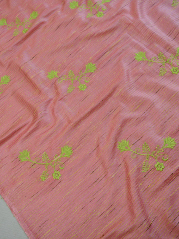 Bhagalpur Handloom Art Silk Embroidery Work Saree-Peach & Green