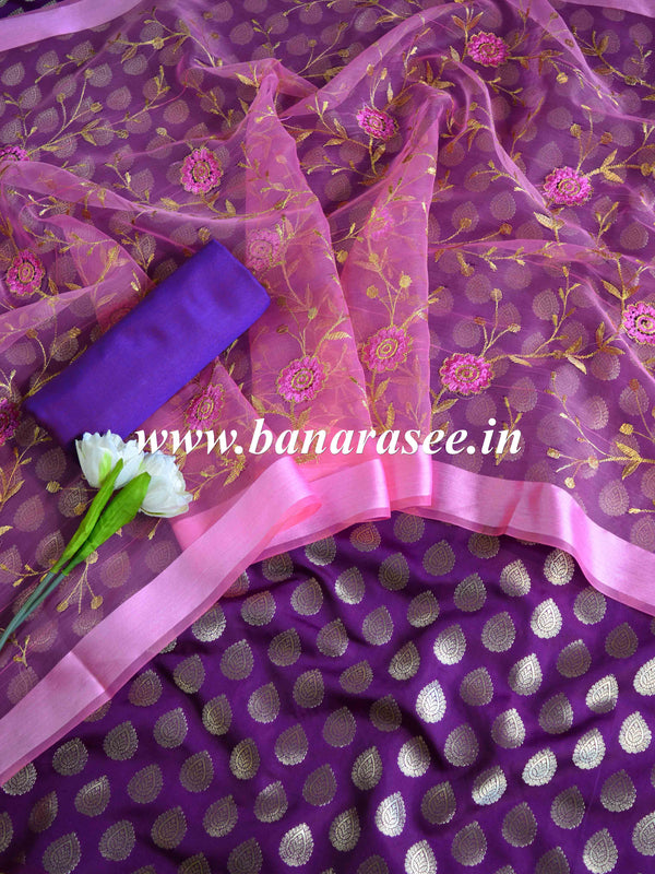 Banarasee Brocade Salwar Kameez Fabric With Organza Dupatta-Purple & Pink