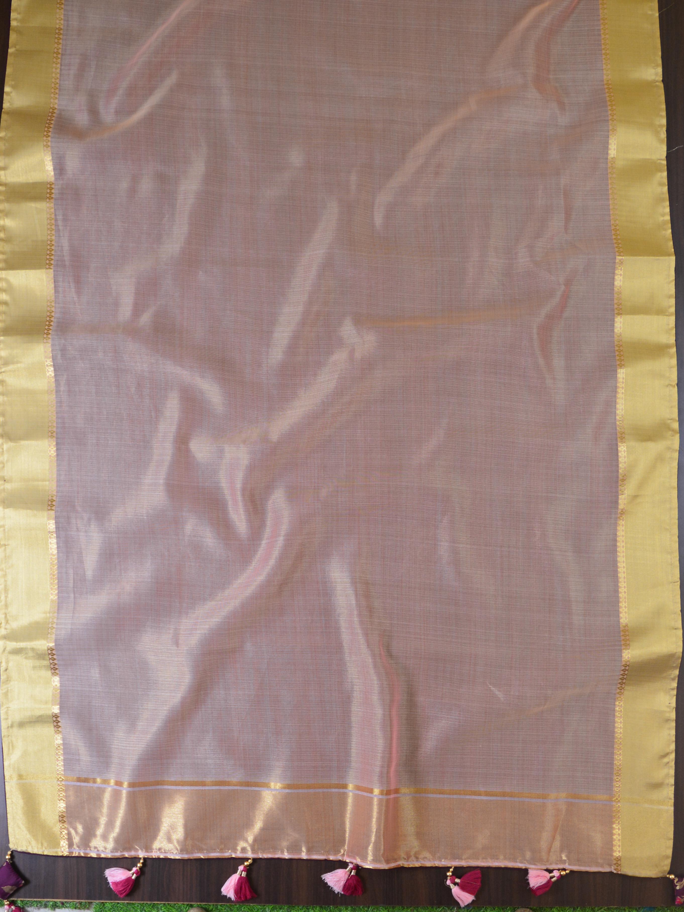 Banarasee Handwoven Plain Organza Tissue Saree With Silk Brocade Blouse-Pink