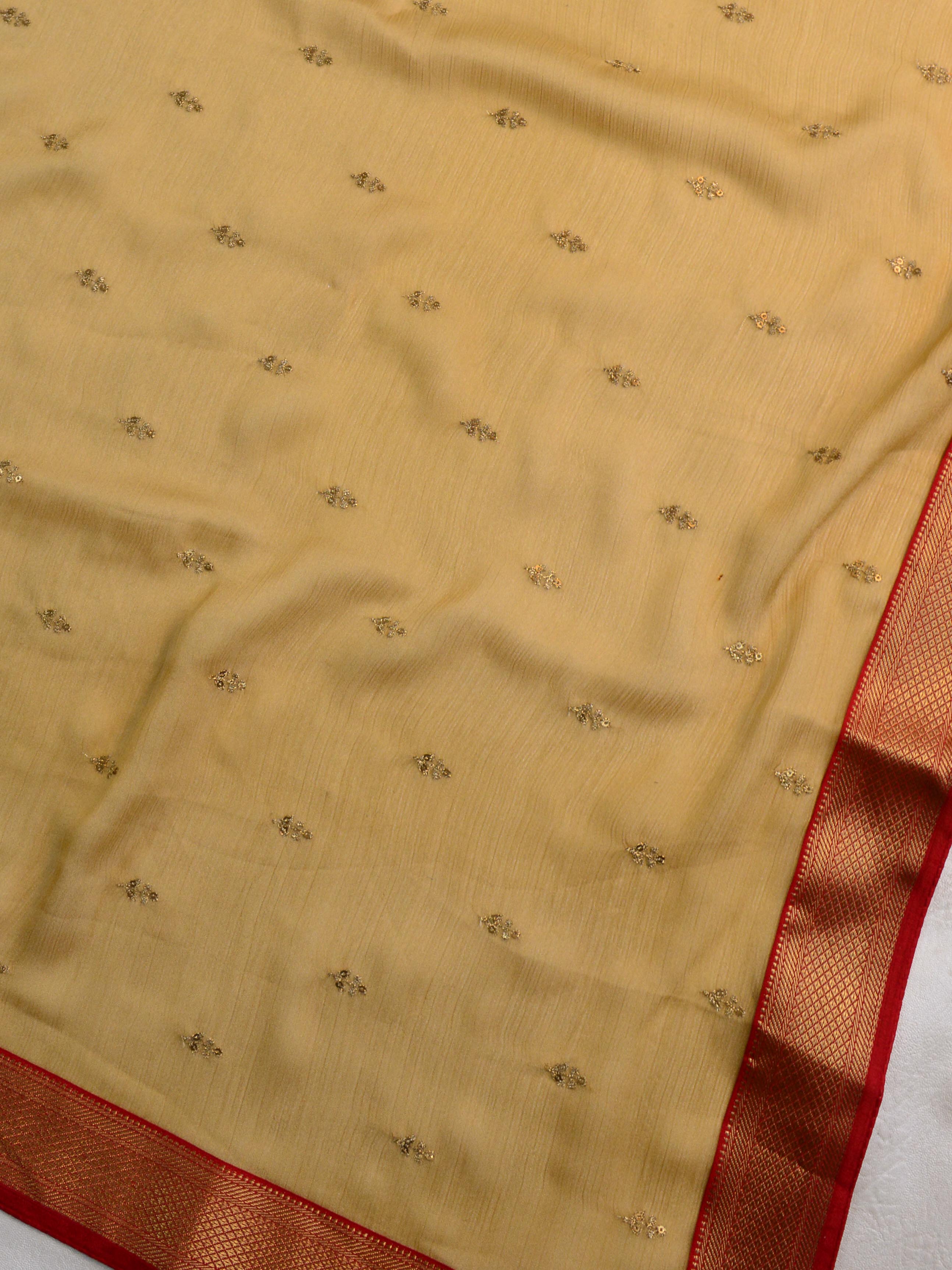 Banarasee Chiffon Blend Saree With Buti Work Zari Border & Brocade Blouse-Gold & Red