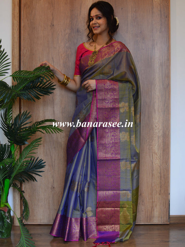 Banarasee Handloom Linen Silk Mix Antique Zari Buta Saree-Grey