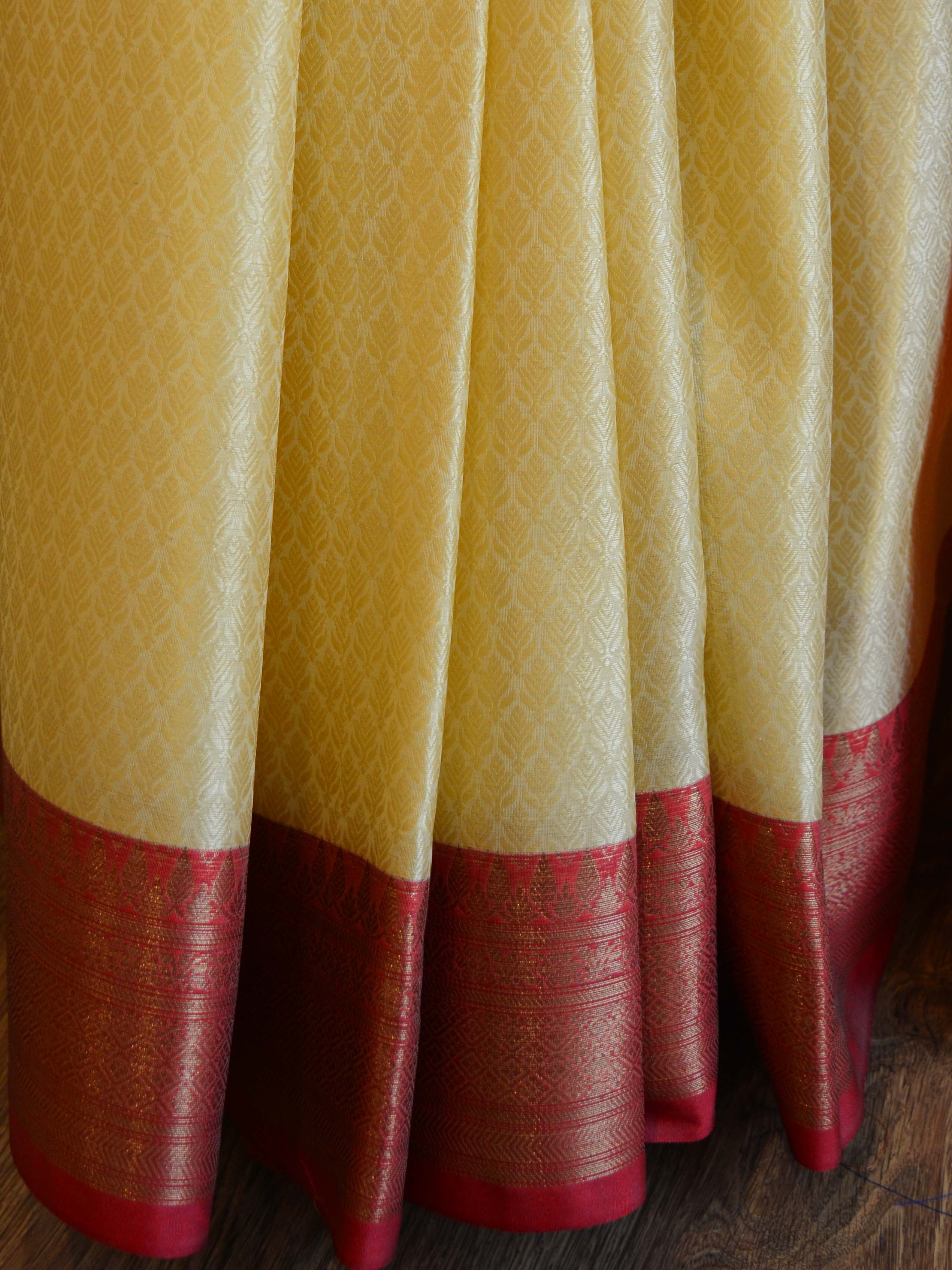 Banarasee Kora Muslin Saree With Contrast Skirt Border-Yellow & Red
