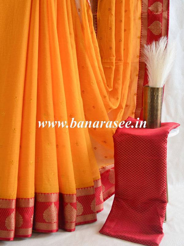 Banarasee Chiffon Blend Saree With & Banarasee Border & Contrast Blouse-Yellow