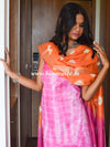 Bhagalpuri Silk Cotton Suit Set With Shibori Dye Design-Orange & Pink