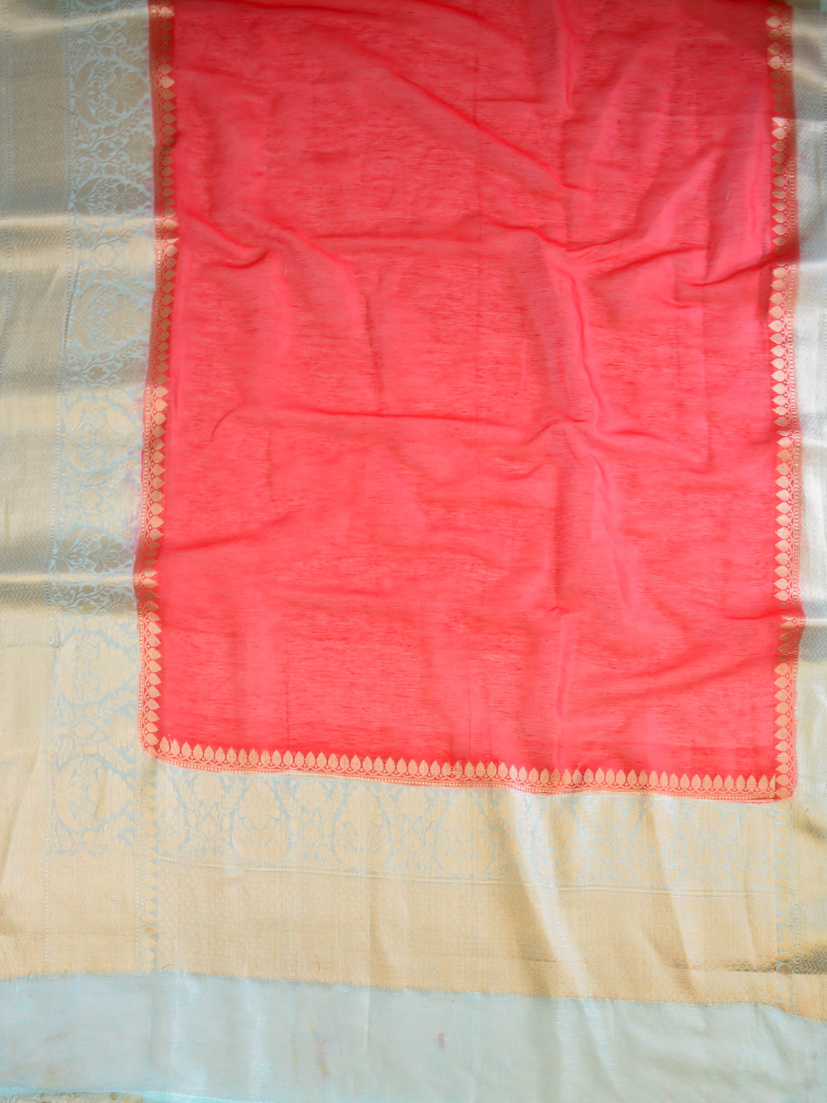 Banarasee Handloom Pure Linen Cotton Gold Zari Saree-Red & Blue
