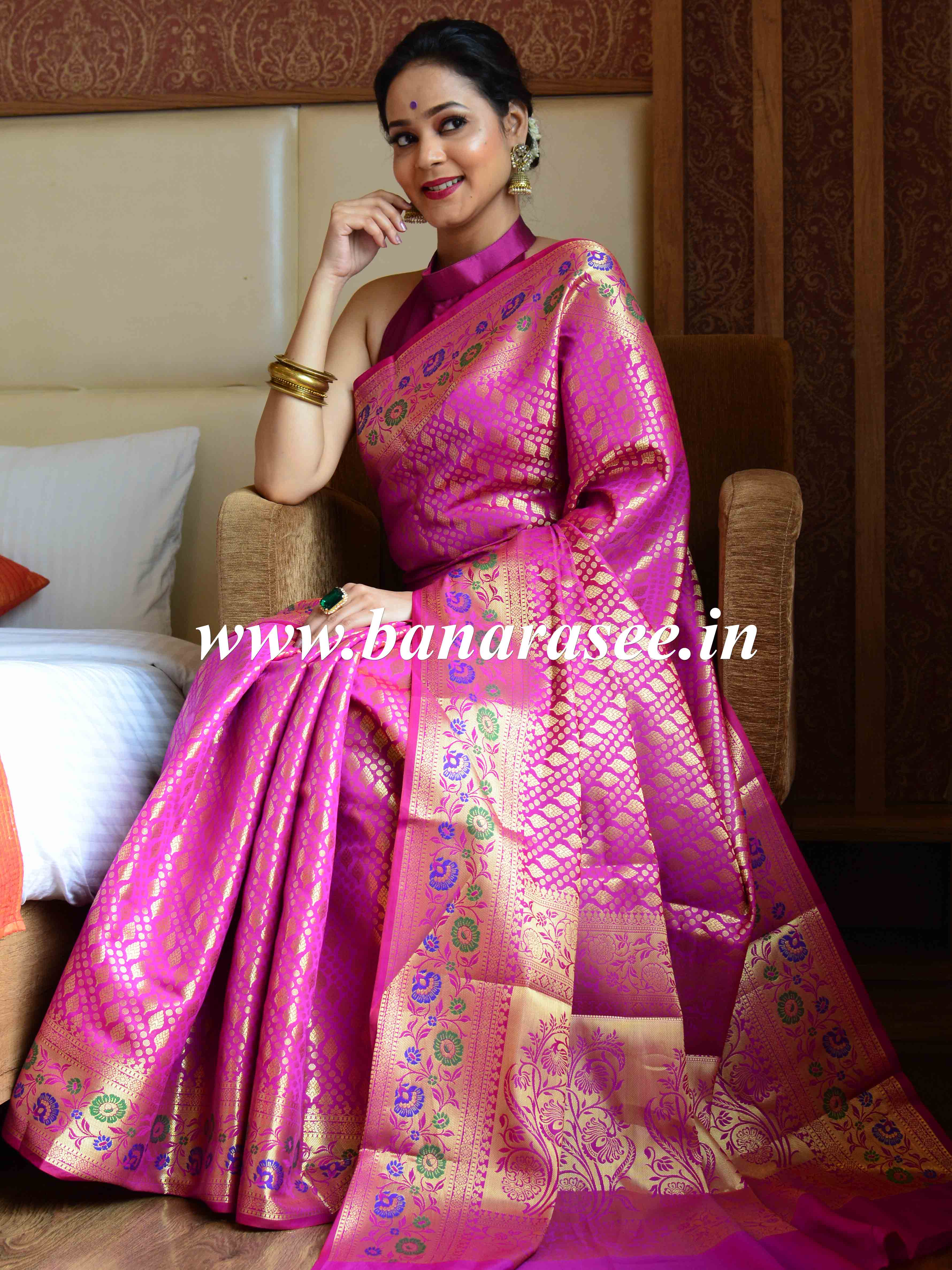 Banarasee Art Silk Saree With Zari Buta & Border-Magenta