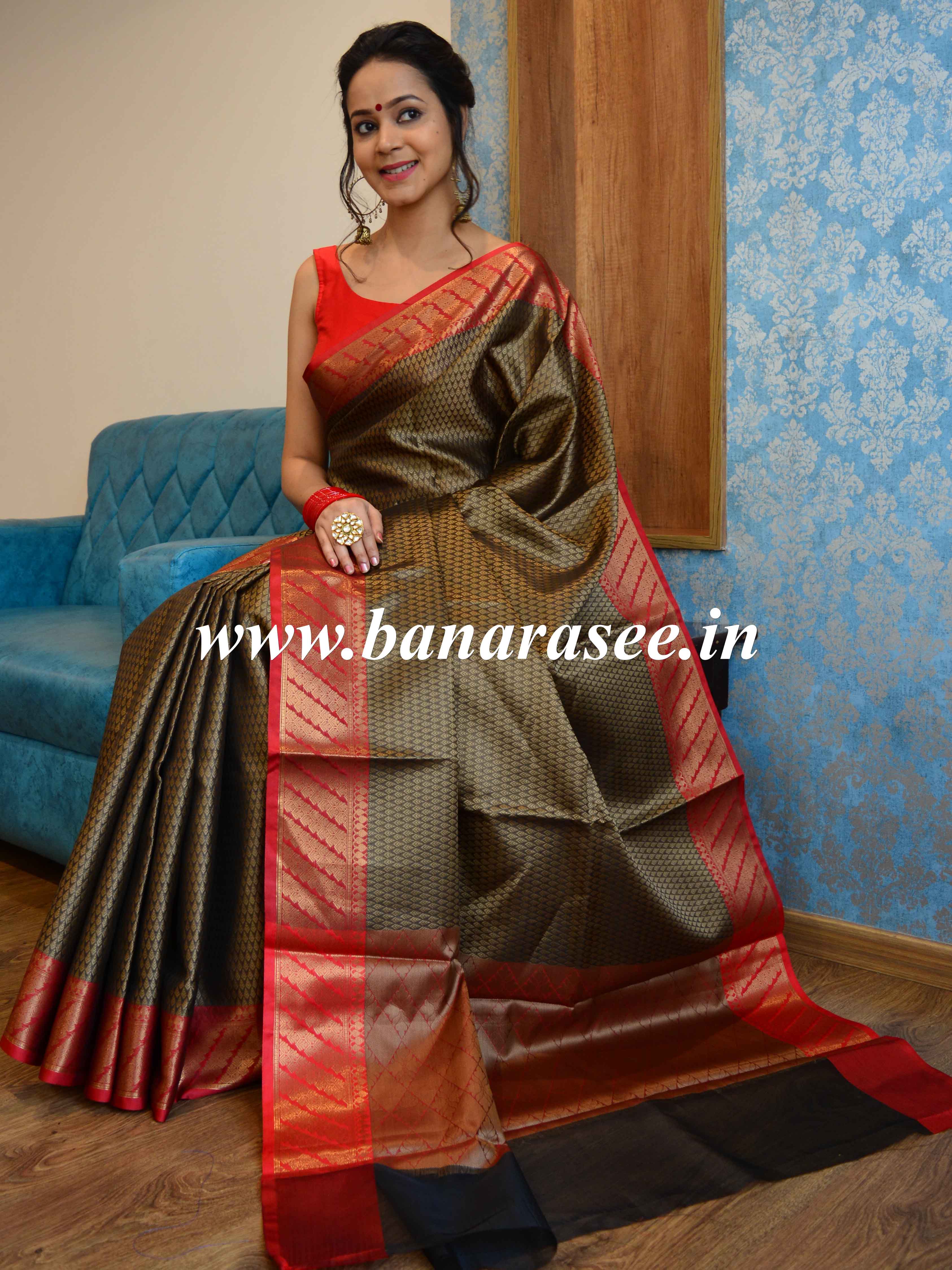 Banarasee Kora Muslin Saree With Contrast Skirt Border-Black & Red