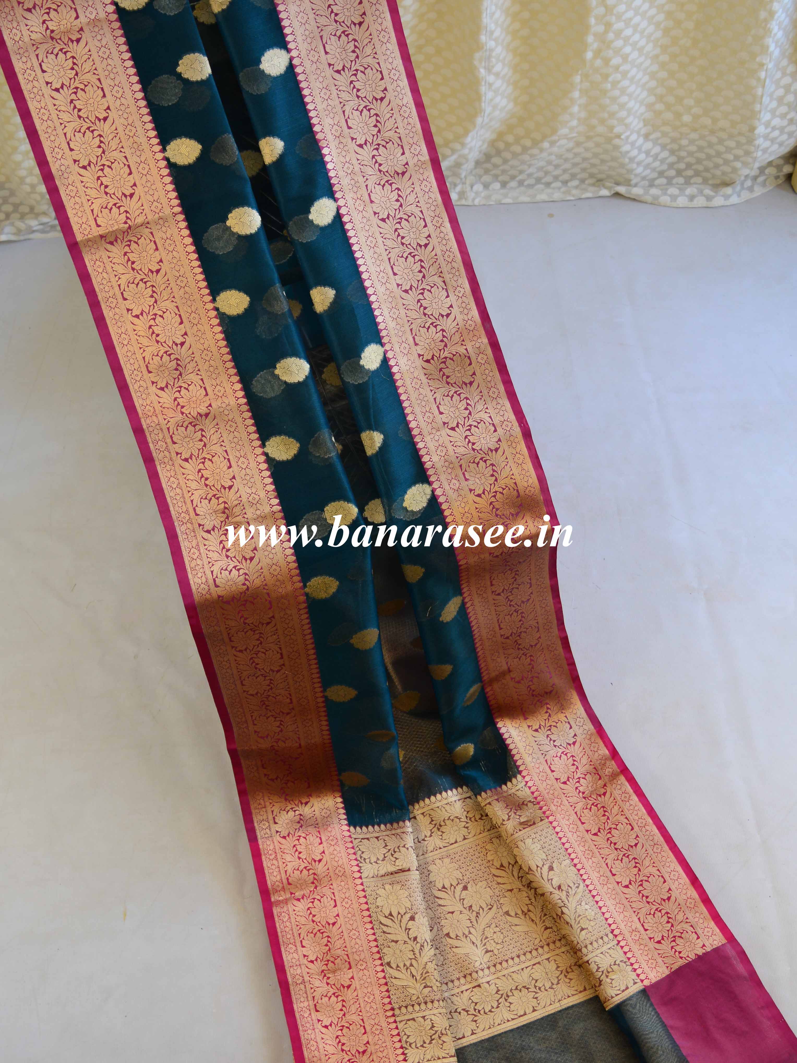 Banarasee Cotton Silk Mix Saree With Zari Buta & Floral Border-Deep Green