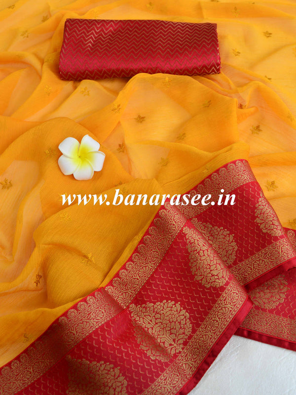Banarasee Chiffon Blend Saree With & Banarasee Border & Contrast Blouse-Yellow