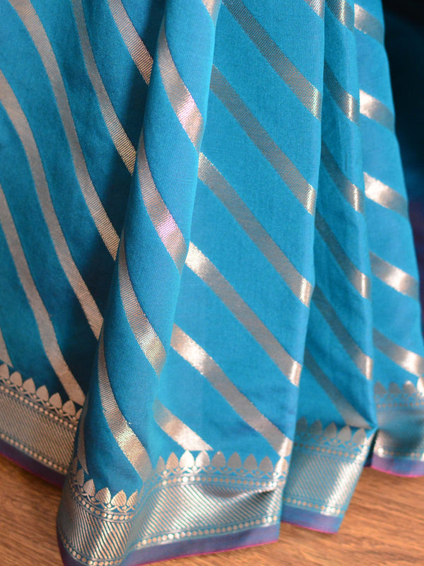 Banarasee Handwoven Semi Silk Saree With Stripes Design-Rama Green