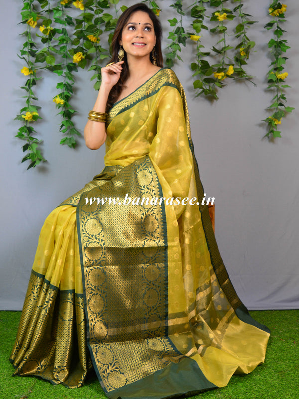 Banarasee Handwoven Broad Green Border Zari Buta Design Tissue Saree-Gold