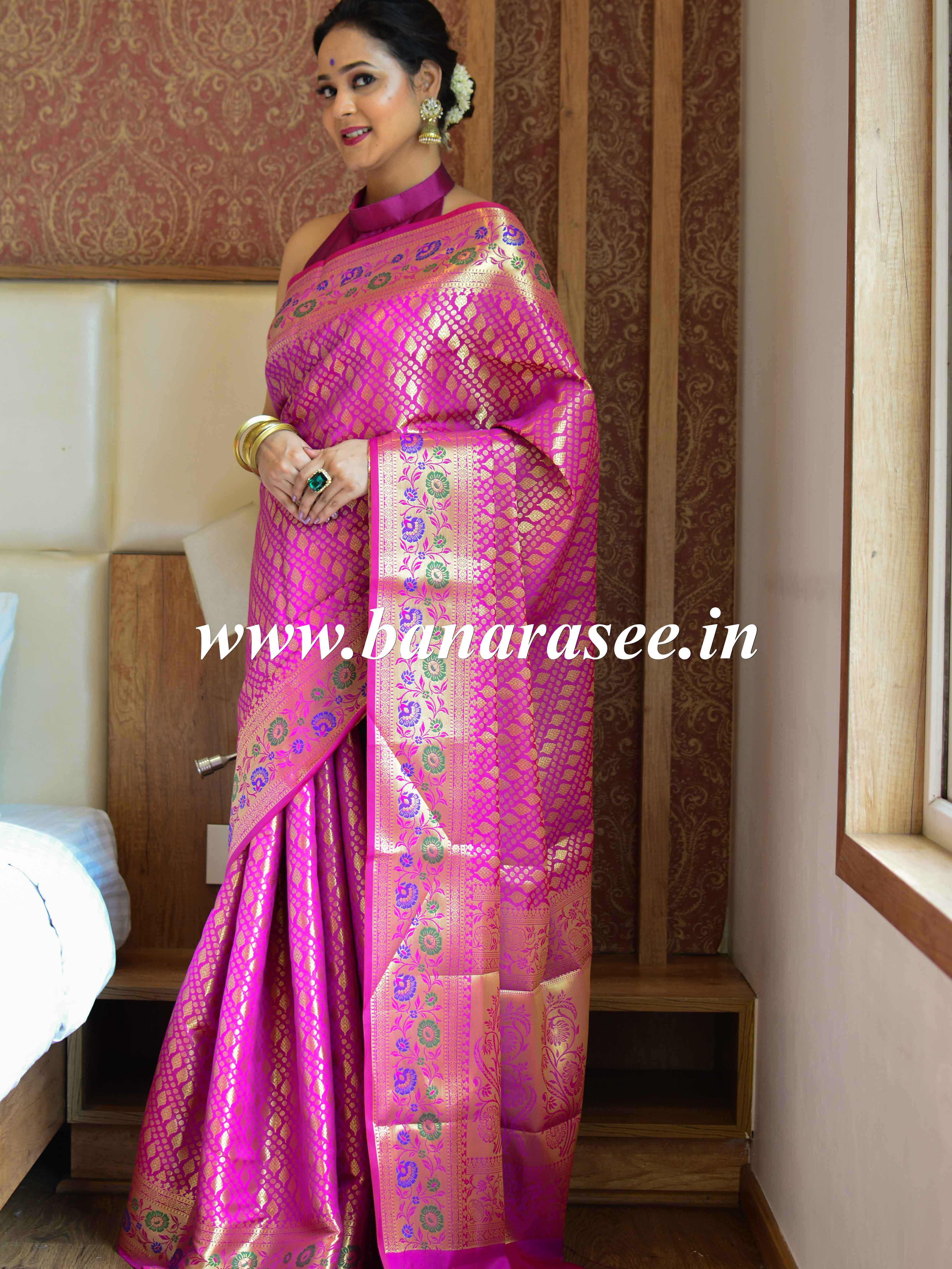 Banarasee Art Silk Saree With Zari Buta & Border-Magenta