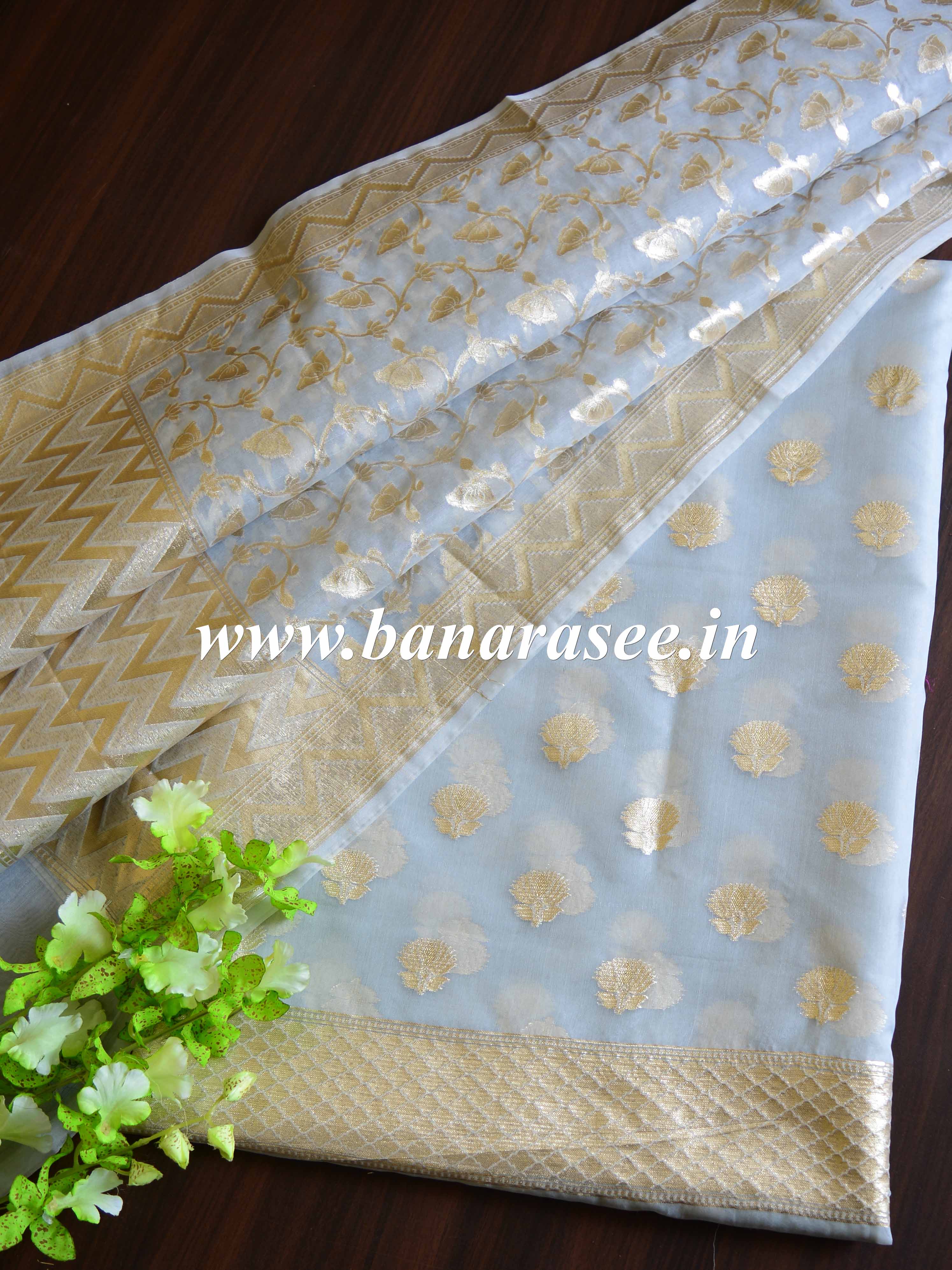 Banarasee Organza Silver Zari Salwar Kameez Fabric With Dupatta-Grey