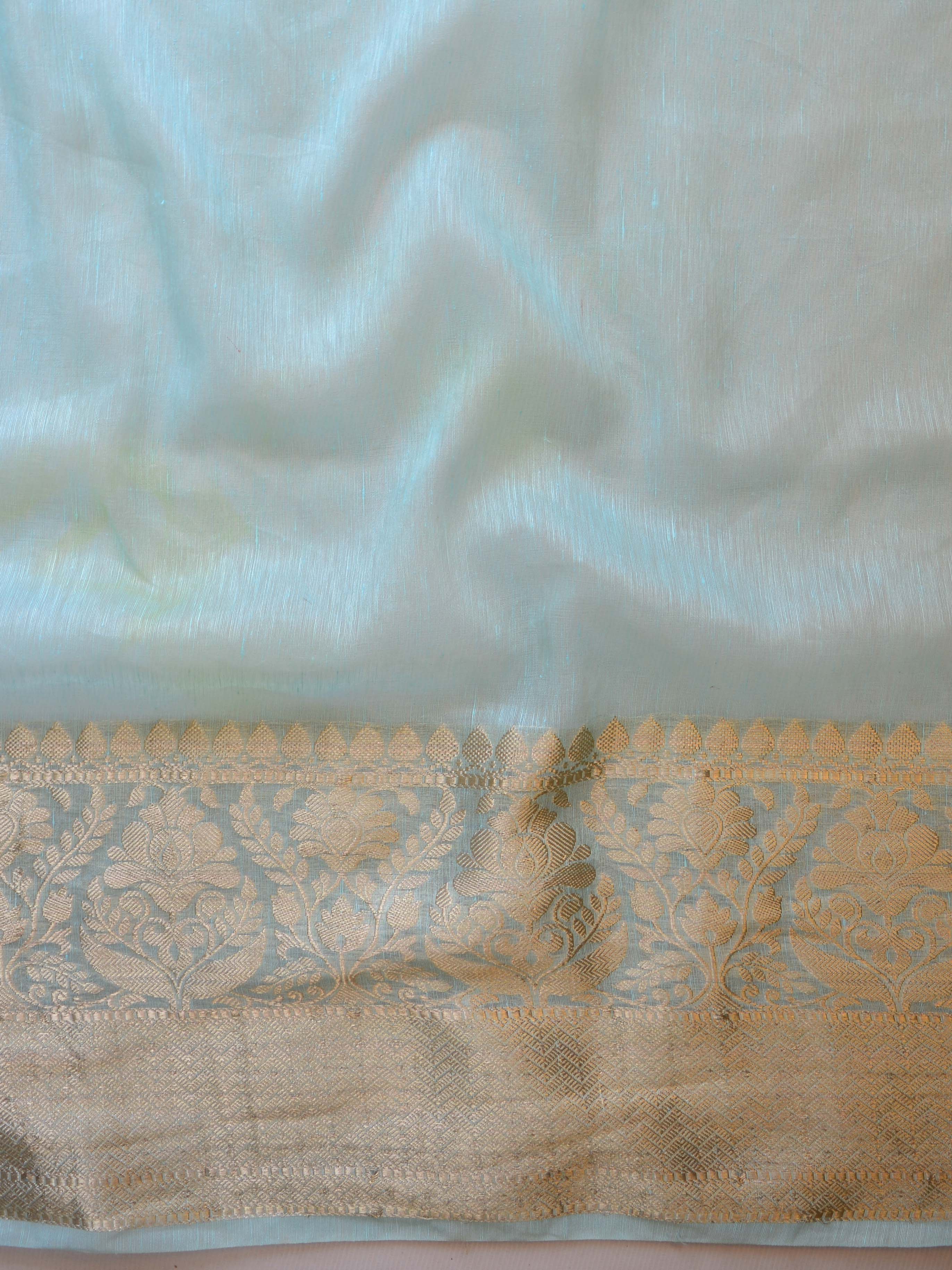 Banarasee Handloom Pure Linen Cotton Gold Zari Saree-Red & Blue
