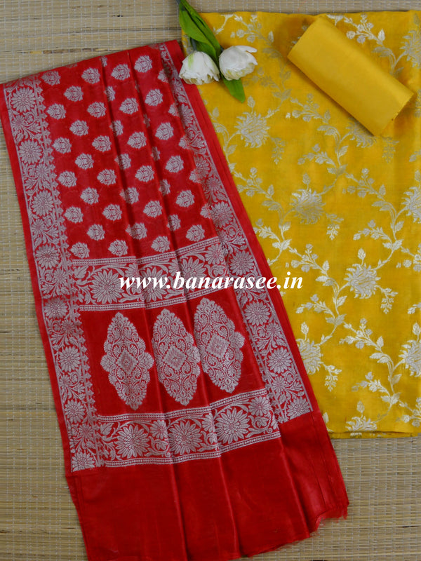 Banarasee Salwar Kameez Glossy Cotton Silk Silver Woven Buti Fabric-Yellow & Red