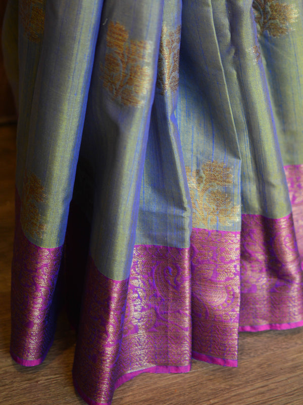 Banarasee Handloom Linen Silk Mix Antique Zari Buta Saree-Grey