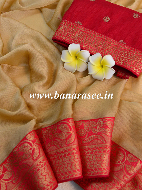 Banarasee Chiffon Blend Saree With Zari Border & Brocade Blouse-Gold & Red