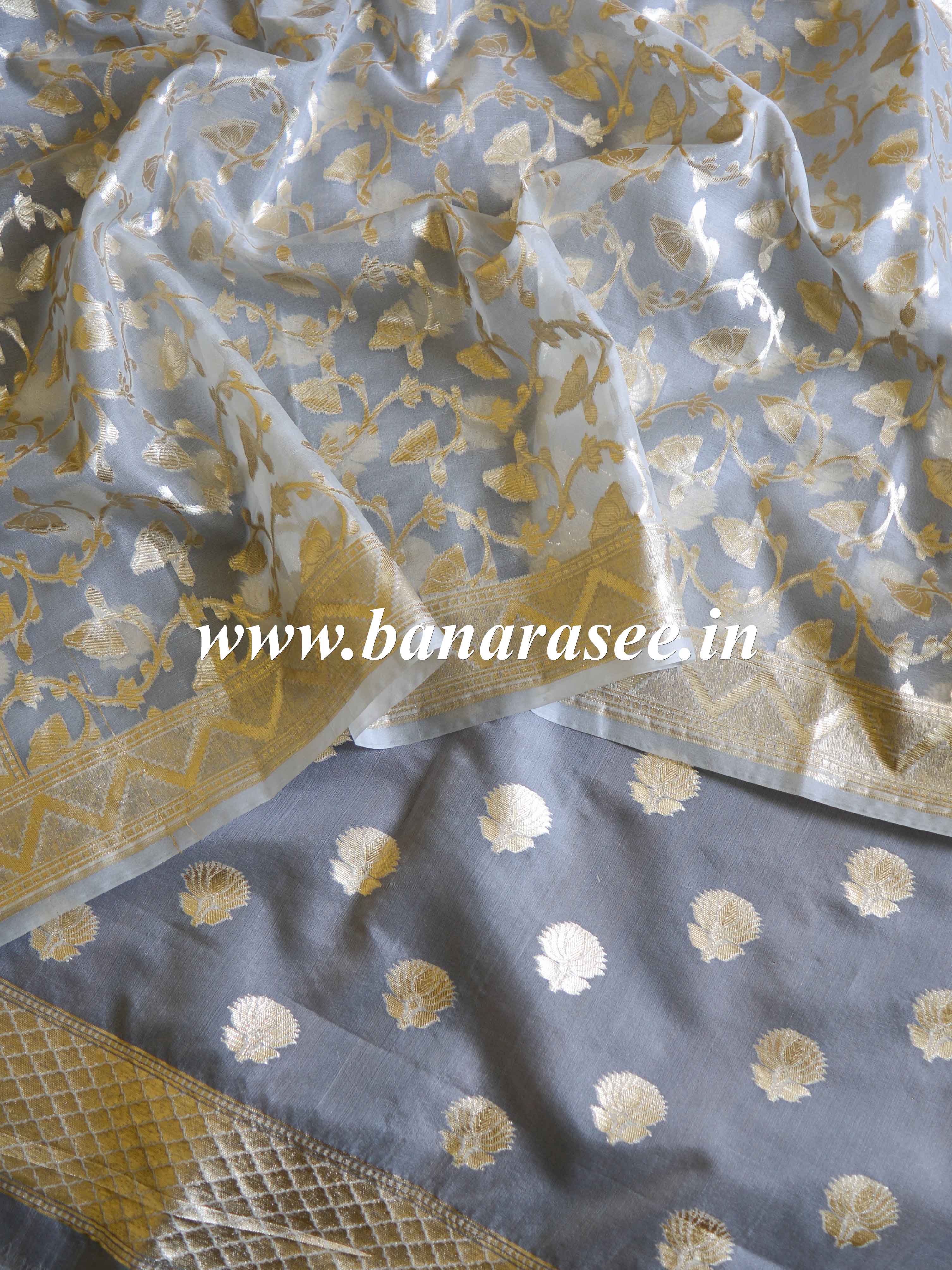 Banarasee Organza Silver Zari Salwar Kameez Fabric With Dupatta-Grey
