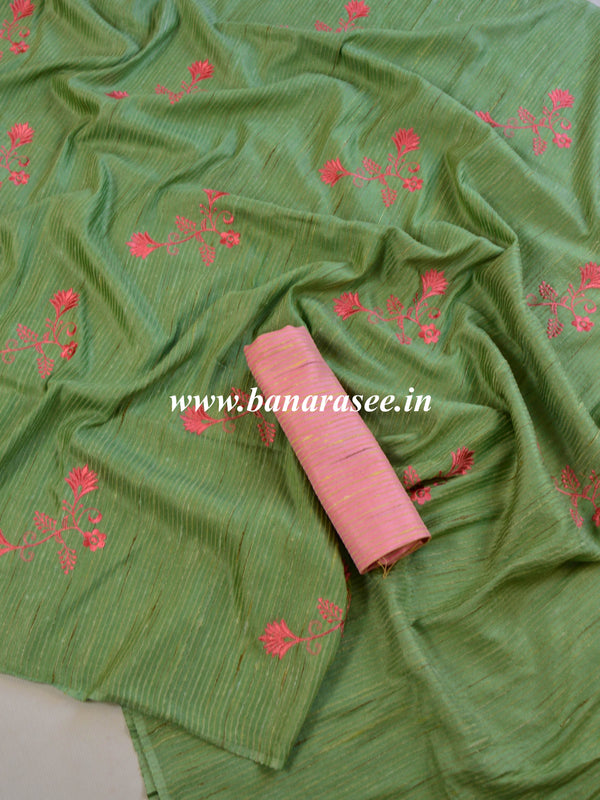 Bhagalpur Handloom Art Silk Embroidery Work Saree-Green & Peach