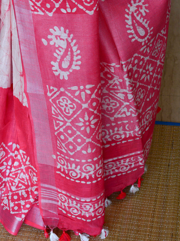 Bhagalpur Handloom Pure Linen Cotton Hand-Dyed Batik Pattern Saree-Red