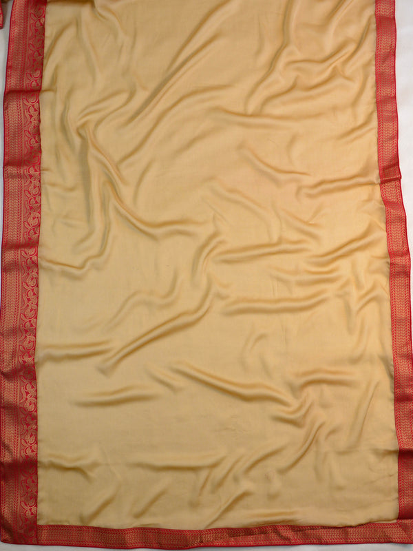 Banarasee Chiffon Blend Saree With Zari Border & Brocade Blouse-Gold & Red