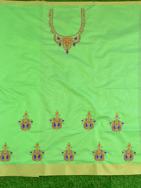 Banarasee Hand-Embroidery Chanderi Cotton Salwar Kameez Fabric With Contrast Dupatta-Green