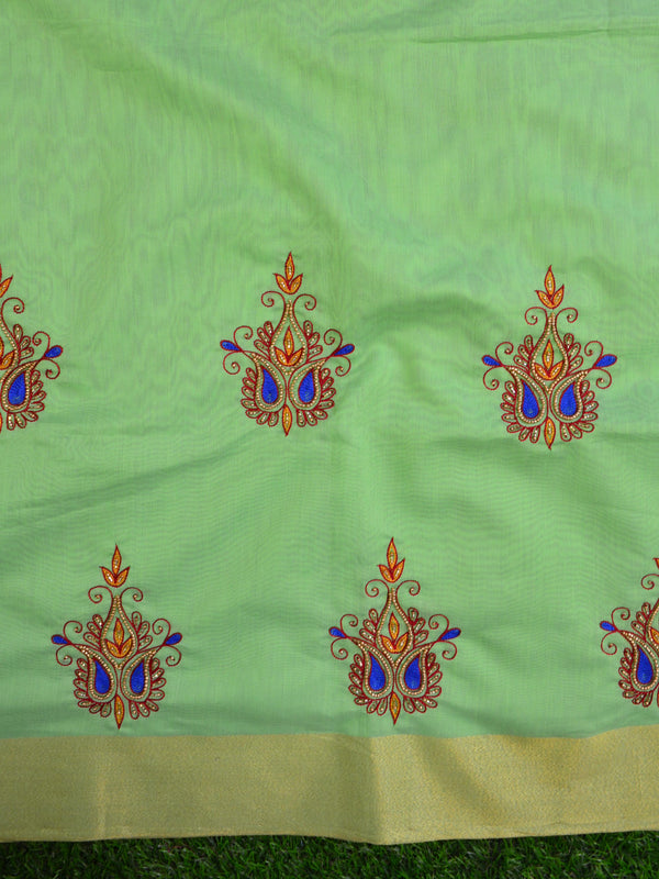 Banarasee Hand-Embroidery Chanderi Cotton Salwar Kameez Fabric With Contrast Dupatta-Green