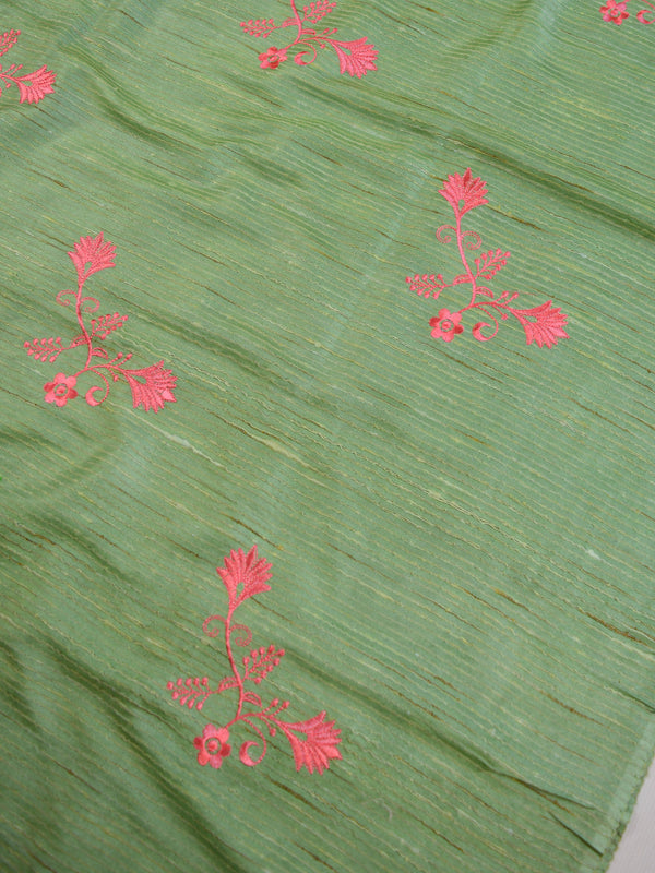 Bhagalpur Handloom Art Silk Embroidery Work Saree-Green & Peach
