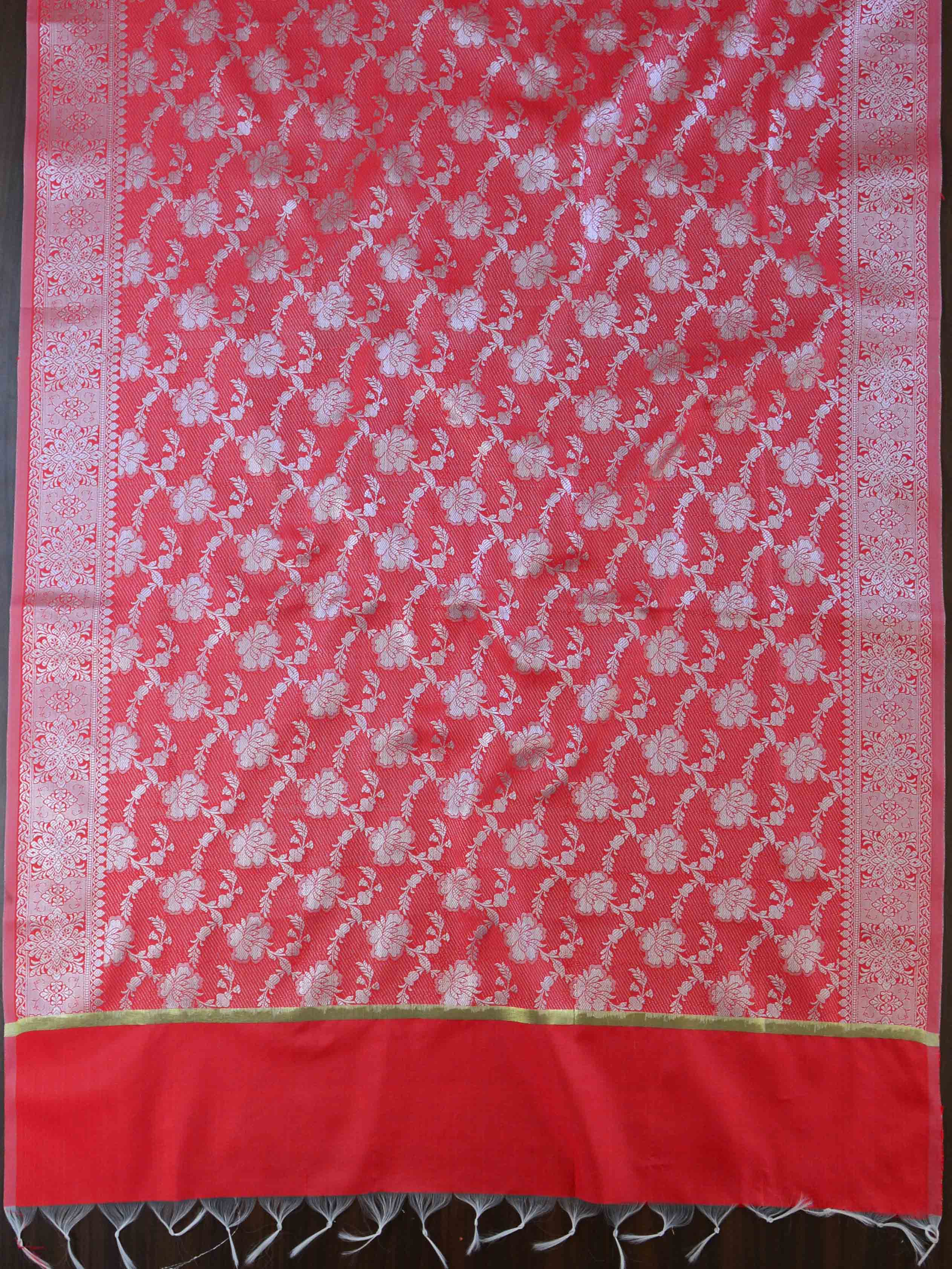 Banarasee Chanderi Salwar Kameez Fabric & Dupatta With Silver Zari-Yellow & Red